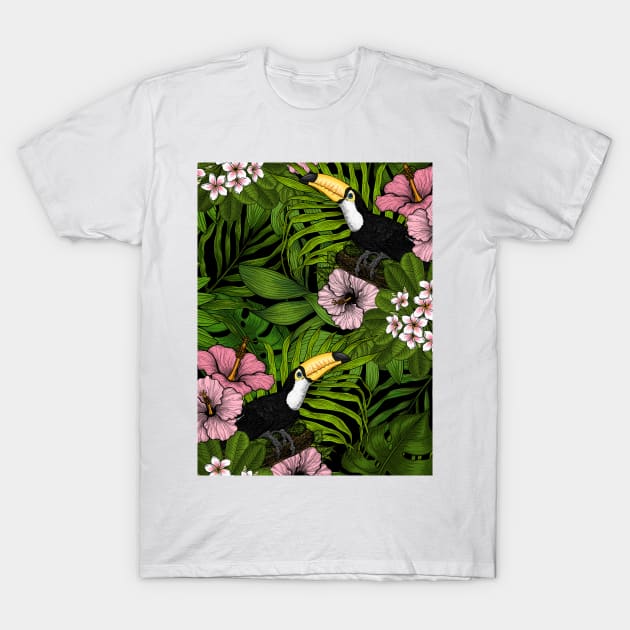 Toucans amd tropical flora, green and pink T-Shirt by katerinamk